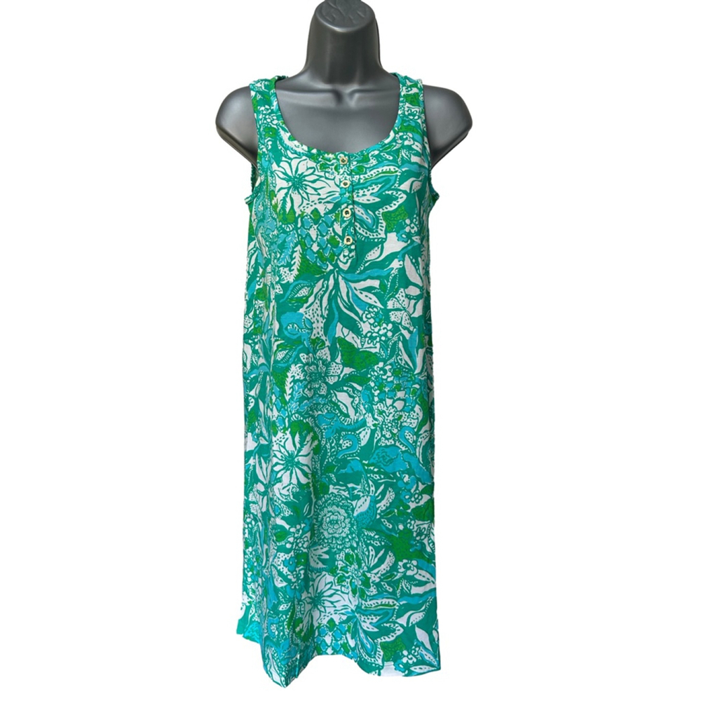 NWOT Lilly Pulitzer Lela Henley Tank Dress
Botanical Green Safari Sangria XXS